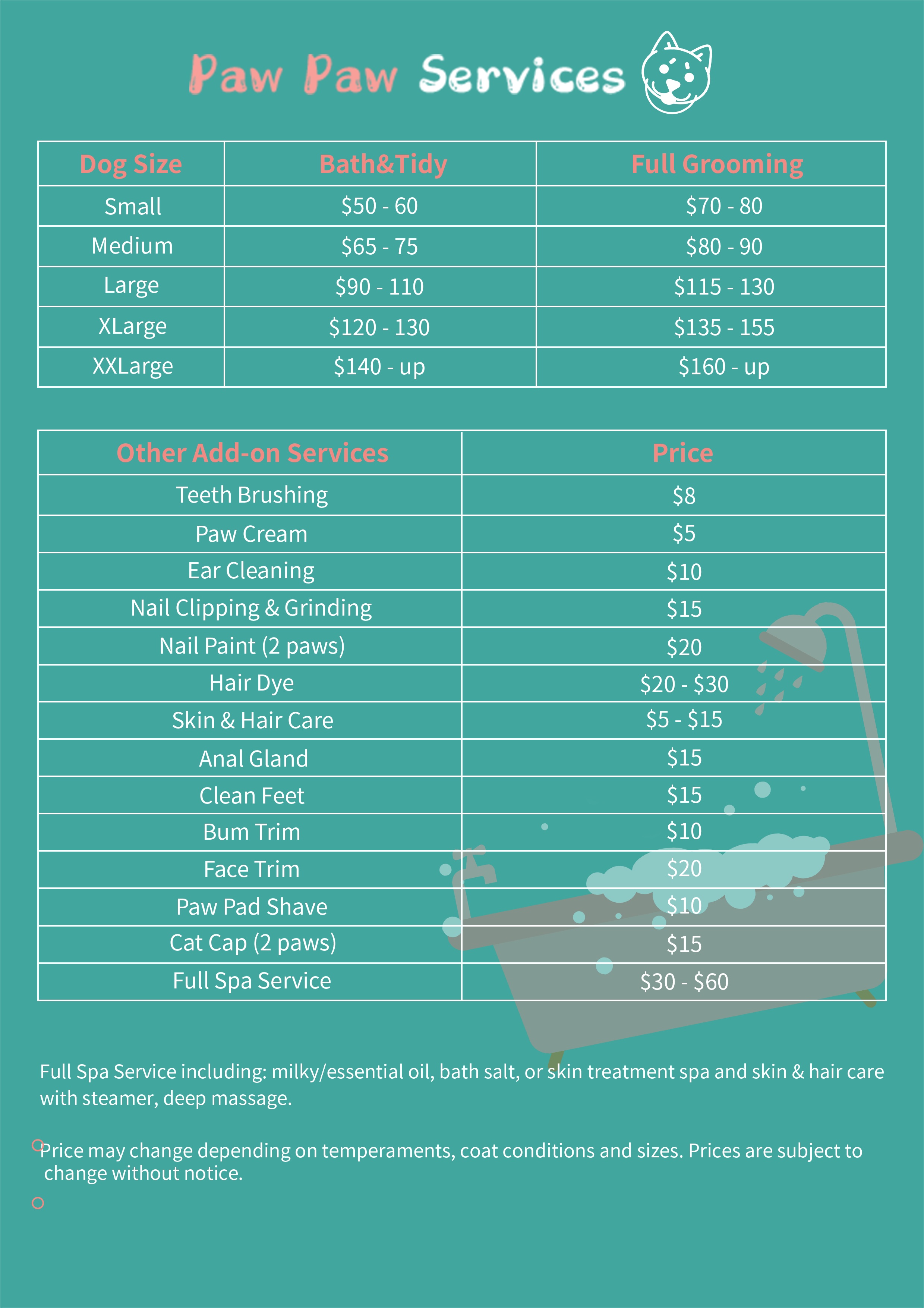 price table 2022 version