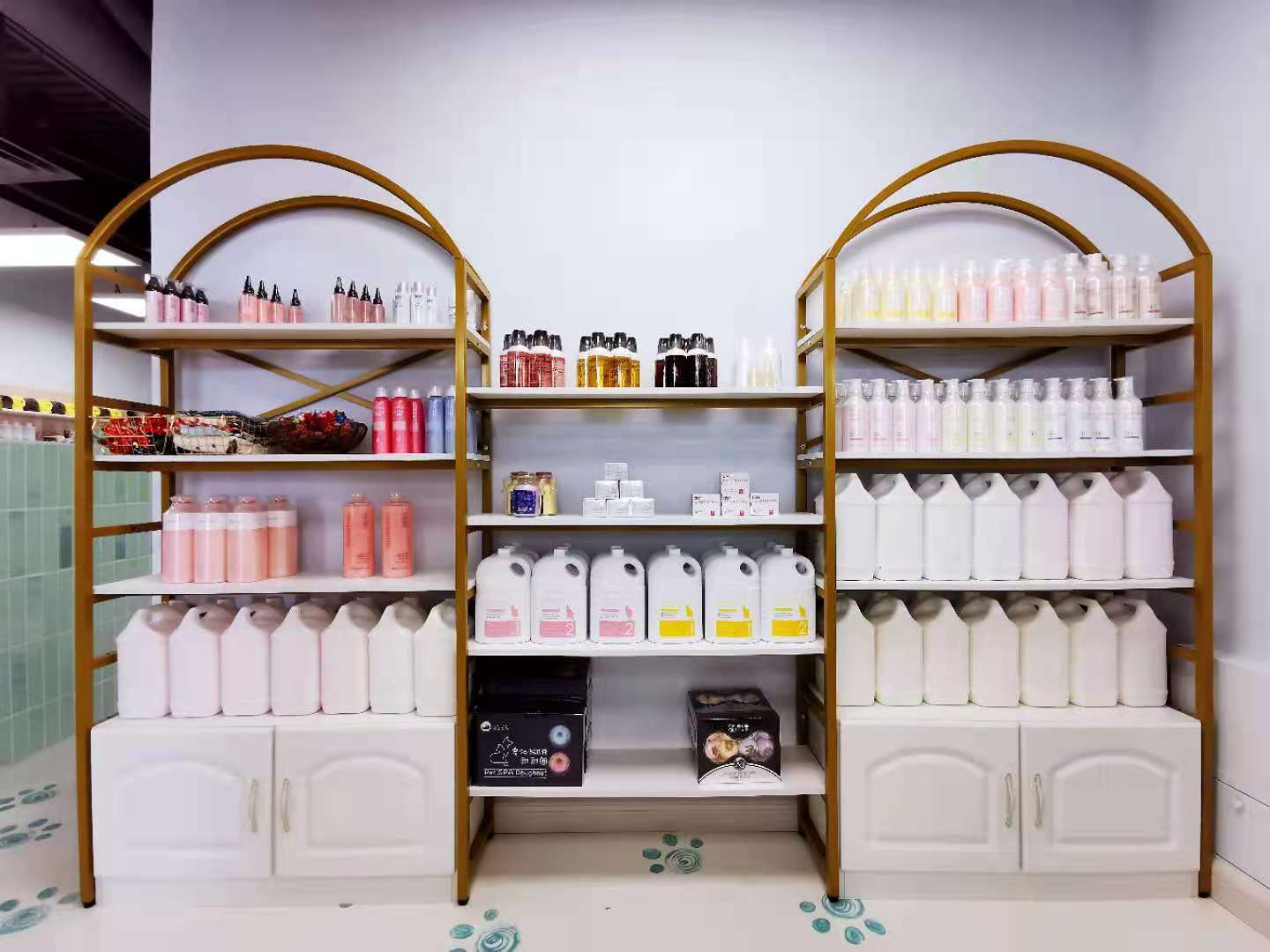 a shelf with a variety of pet shampoos